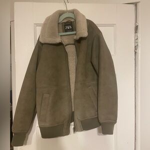ZARA Olive Green Faux-Shearling Bomber Jacket